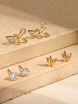 Accessorize London - Women Gold Butterfly Bow Stud Earrings Pack of 3