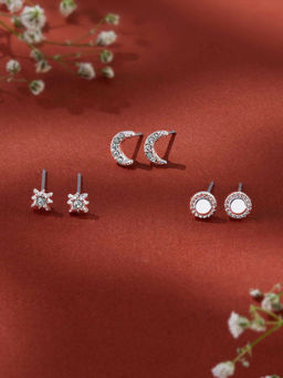 Accessorize London - Women Silver Pave Moon Stud Earrings Pack of 3