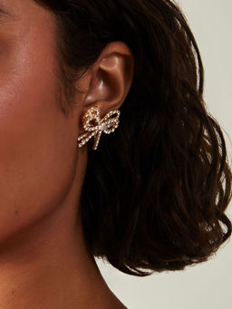 Accessorize London - Women Gold Double Diamante Bow Stud Earrings