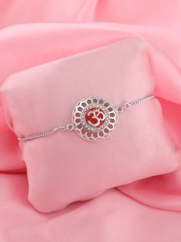 Estele - Rhodium Plated Red Enamel Om Bracelet with Crystals for Men and Women