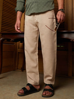 Campus Sutra - Men Khaki Brown Tailored Linen-Blend Trousers