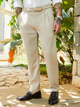 Campus Sutra - Men Saltbox Beige Micro-Waffle Trousers