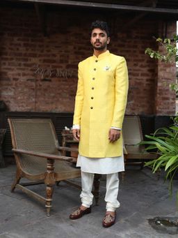KISAH - Yellow Sherwani and Kurta with Churidar (Set of 3)