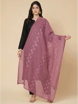 Zamour - Pink Floral Self Embroidered Chanderi Cotton Dupatta