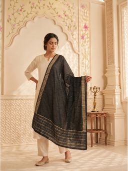 Zamour - Black Zari Sequin Woven Chanderi Cotton Dupatta