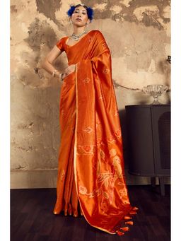 Mysilklove - Carrot Orange Banarasi Handloom Saree with Unstitched Blouse