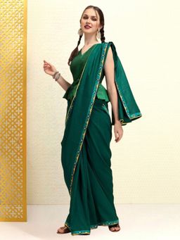 Kartika - Silk Blend Bottle Green Saree with Unstitched Blouse