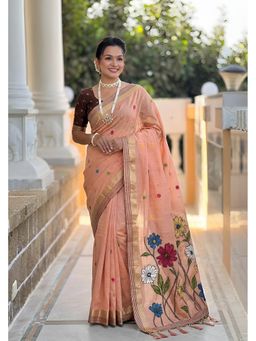 Vedant Vastram - Peach Soft Cotton Fancy Jacquard Bollywood Saree with Unstitched Blouse