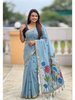 Vedant Vastram - Aqua Soft Cotton Fancy Jacquard Bollywood Saree with Unstitched Blouse
