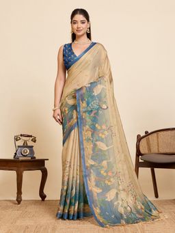Vedant Vastram - Blue Linen Fancy Printed Bollywood Saree with Unstitched Blouse