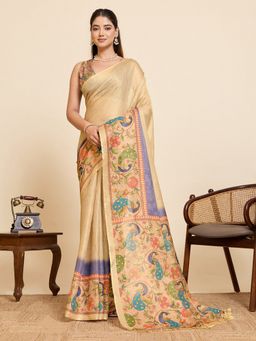 Vedant Vastram - Gold Linen Fancy Printed Bollywood Saree with Unstitched Blouse