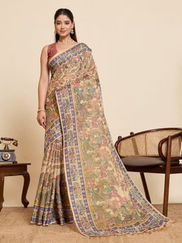 Vedant Vastram - Maroon Linen Fancy Printed Bollywood Saree with Unstitched Blouse