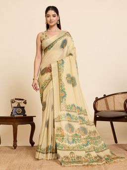 Vedant Vastram - Olive Linen Fancy Printed Bollywood Saree with Unstitched Blouse