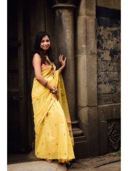 Mysilklove - Apricot Yellow Cotton Handloom Pichwai Saree with Unstitched Blouse