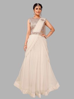 BC Balaji Creation - White Georgette Ready To Wear Saree with Stitched Embroidered Blouse