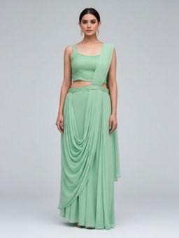 BC Balaji Creation - Light Green Georgette Ready To Wear Saree with Stitched Blouse