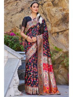 Kartika - Black Pashmina Floral Print and Paisley Border Saree with Unstitched Blouse
