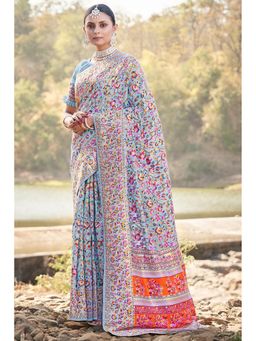 Kartika - Aqua Pashmina Floral Print and Paisley Border Saree with Unstitched Blouse