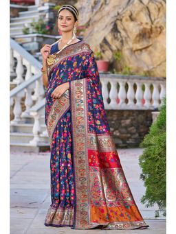 Kartika - Navy Blue Pashmina Floral Print Saree with Unstitched Blouse