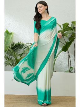 Mysilklove - Pearl White and Blue Printed Satin Crepe Silk Saree with Unstitched Blouse