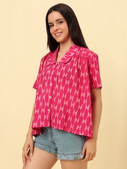 SALWAR STUDIO - Pink Cotton Printed Oversized Cotton Casual Shirt Style Top