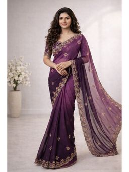 KAYOMMI - Wine Purple Ombre Floral Embroidery and Lace Border Saree with Unstitched Blouse