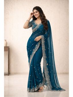 KAYOMMI - Teal Embroidery and Lace Border Saree with Unstitched Blouse