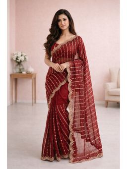 KAYOMMI - Maroon Zari Stripes and Embroidered Lace Border Saree with Unstitched Blouse