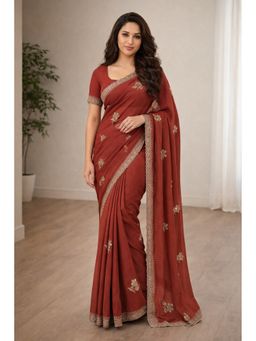 KAYOMMI - Maroon Embroidered Chiffon Saree with Unstitched Blouse