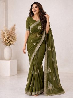 KAYOMMI - Olive Green Embroidered Chiffon Saree with Unstitched Blouse