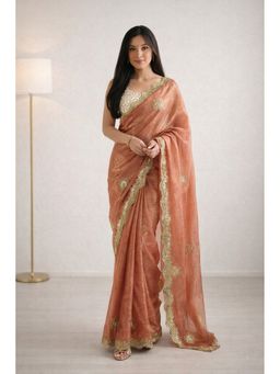 KAYOMMI - Peach Embroidered Chiffon Saree with Unstitched Blouse