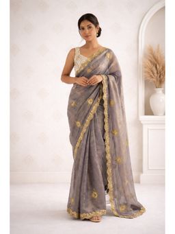 KAYOMMI - Purple Embroidered Chiffon Saree with Unstitched Blouse