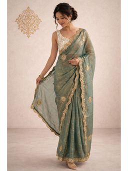 KAYOMMI - Teal Embroidered Chiffon Saree with Unstitched Blouse