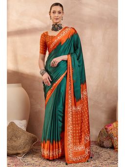 Mysilklove - Forest Green Printed Satin Crepe Silk Saree with Unstitched Blouse