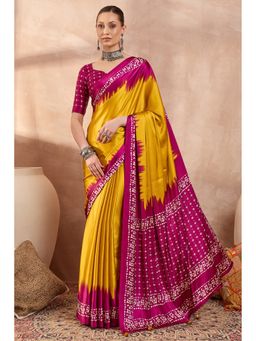 Mysilklove - Chartreuse Yellow Printed Satin Crepe Silk Saree with Unstitched Blouse