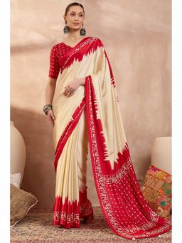 Mysilklove - Seashell Cream Printed Satin Crepe Silk Saree with Unstitched Blouse