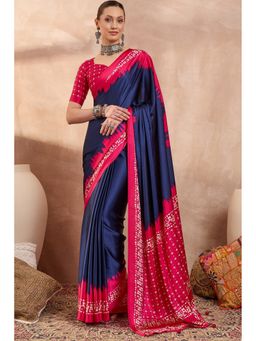 Mysilklove - Pigment Blue Printed Satin Crepe Silk Saree with Unstitched Blouse