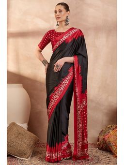 Mysilklove - Blackberry Printed Satin Crepe Silk Saree with Unstitched Blouse