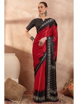 Mysilklove - Chili Red Printed Satin Crepe Silk Saree with Unstitched Blouse