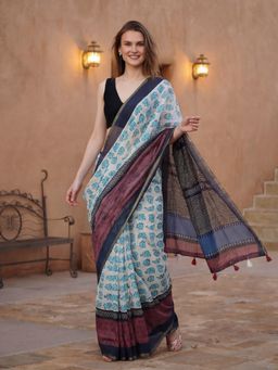 Jaipur Kurti - Blue Cotton Blend Printed Saree with Unstitched Blouse