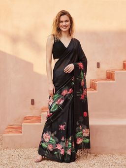 Jaipur Kurti - Black Silk Blend Printed Saree with Unstitched Blouse
