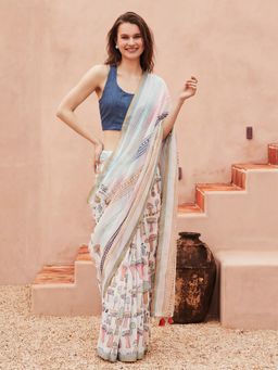 Jaipur Kurti - Multi-Colour Cotton Blend Printed Saree with Unstitched Blouse