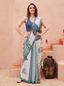 Jaipur Kurti - Multi-Colour Cotton Blend Printed Saree with Unstitched Blouse