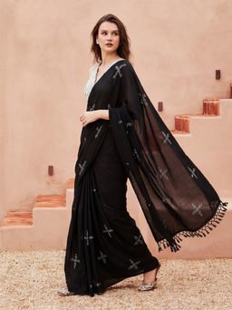 Jaipur Kurti - Black Cotton Blend Printed Saree with Unstitched Blouse