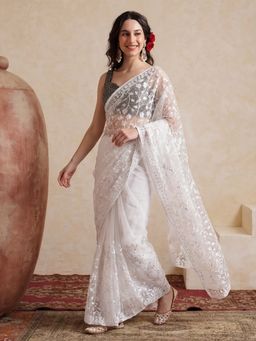 Jaipur Kurti - White Net Embroidered Saree with Unstitched Blouse