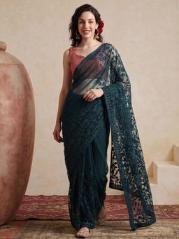 Jaipur Kurti - Teal Net Embroidered Saree with Unstitched Blouse