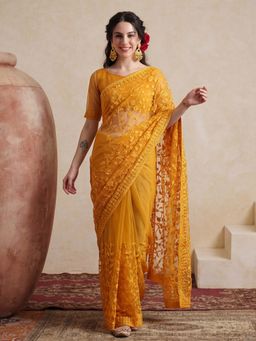 Jaipur Kurti - Mustard Net Embroidered Saree with Unstitched Blouse