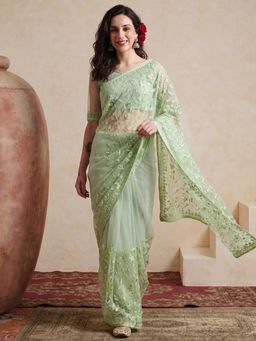 Jaipur Kurti - Green Net Embroidered Saree with Unstitched Blouse