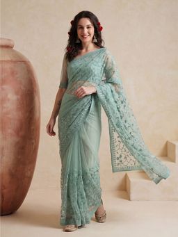 Jaipur Kurti - Teal Net Embroidered Saree with Unstitched Blouse
