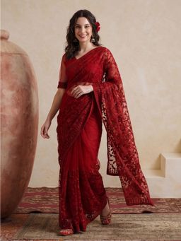 Jaipur Kurti - Maroon Net Embroidered Saree with Unstitched Blouse